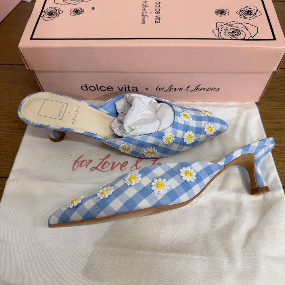 Dolce VitaxFor Love & Lemons Lilou Gingham Daisy Mules Blue White 8 Cottagecore